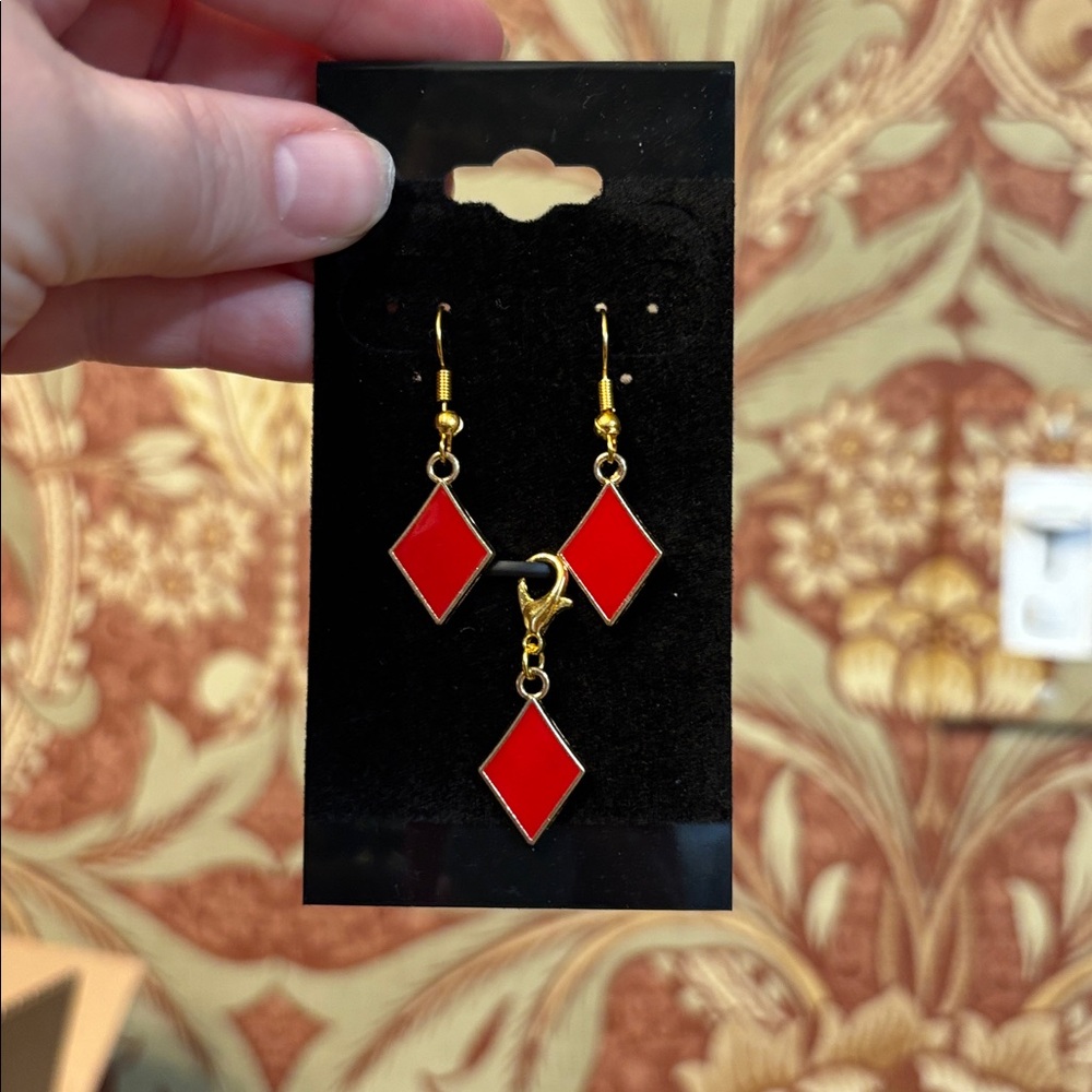 New 3pc set Red gold tone diamond shape Geometric Earrings with matching charm